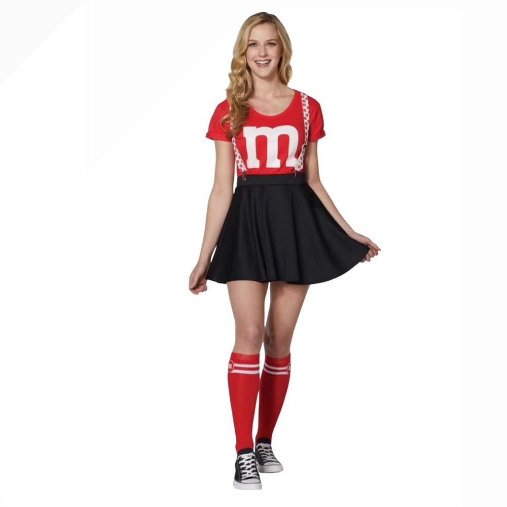M&Ms Red Costume Adult Large Shirt Skirt Socks‎ Suspenders Candy Halloween Party